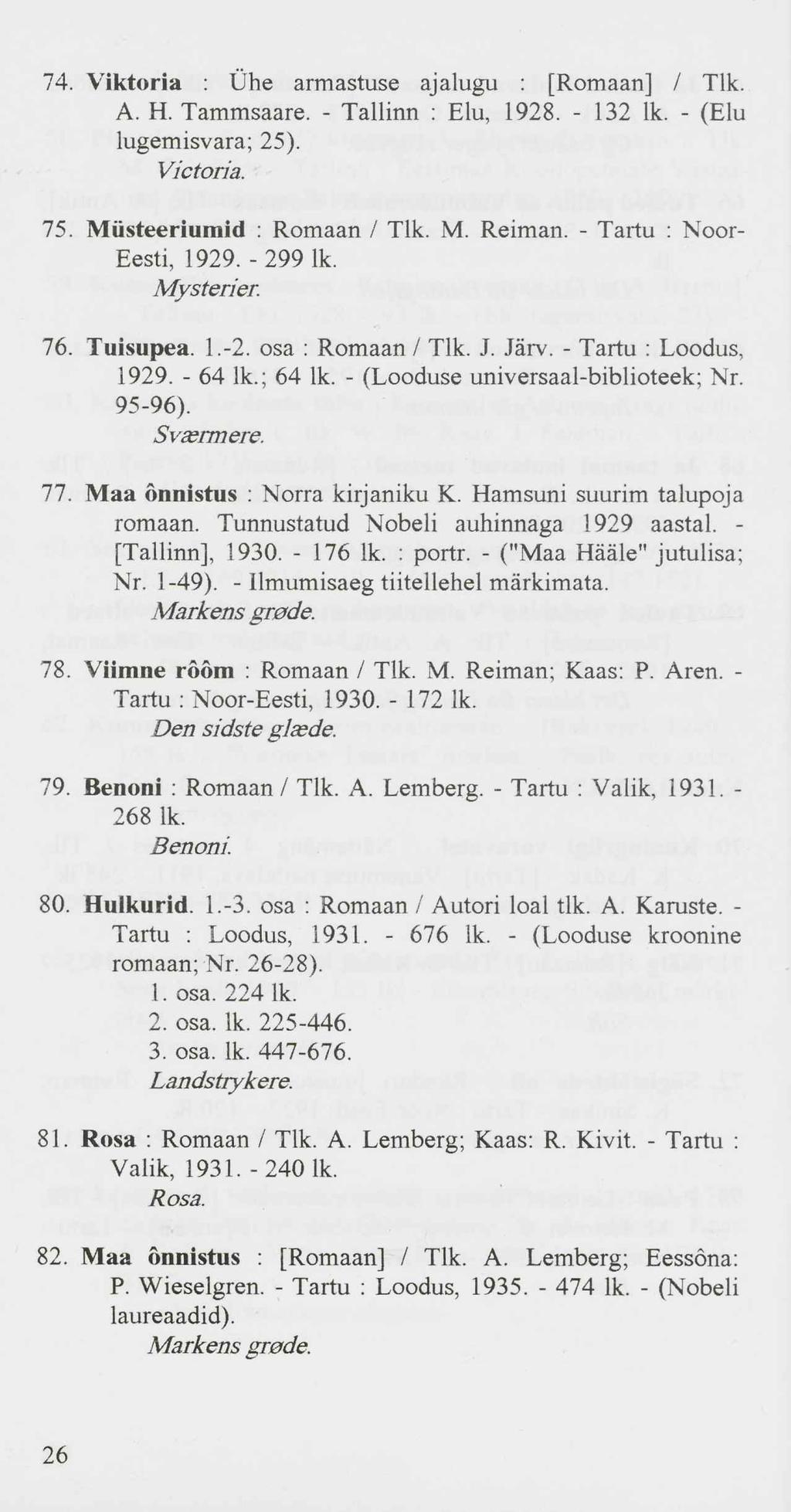 74. Viktoria : Ühe armastuse ajalugu [Romaan] / Tlk. A. H. Tammsaare. - Tallinn : Elu, 1928. - 132 lk. - (Elu lugemisvara; 25). Victoria. 75. Müsteeriumid : Romaan / Tlk. M. Reiman.