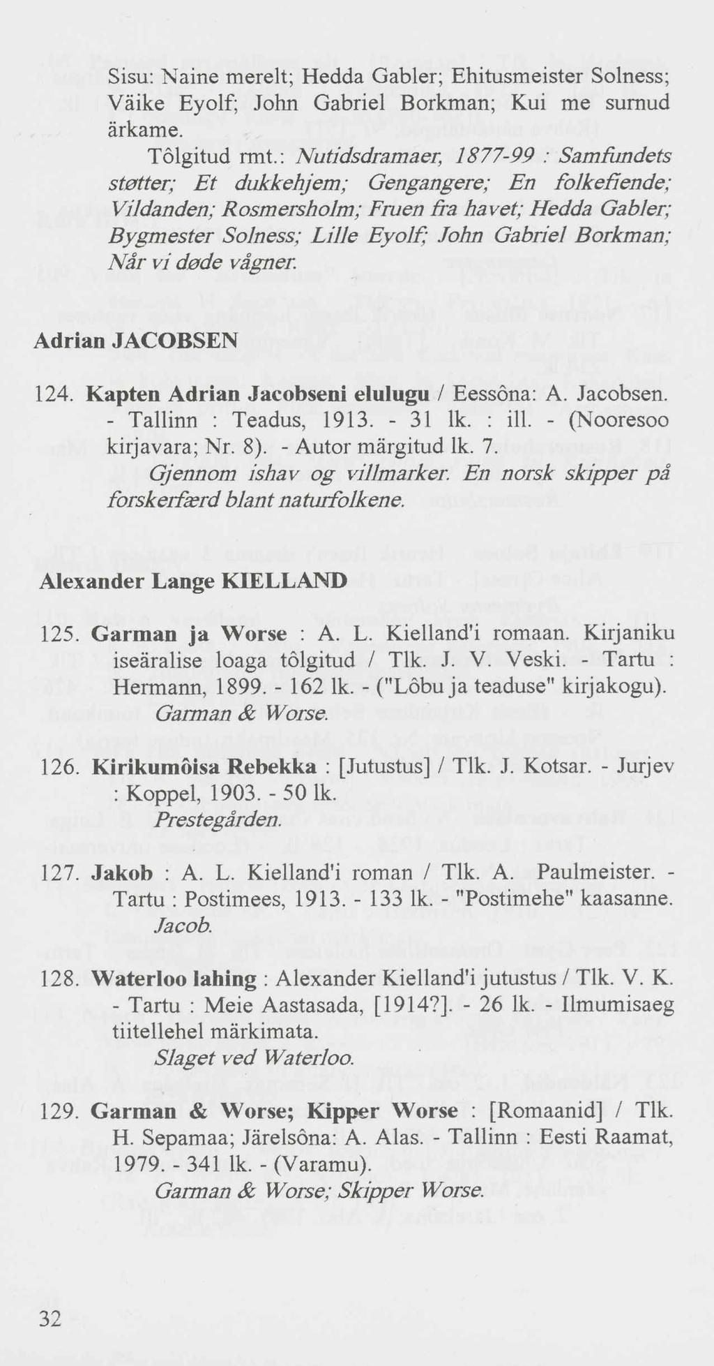 Sisu: Naine merelt; Hedda Gabler; Ehitusmeister Solness; Väike Eyolf; John Gabriel Borkman; Kui me surnud ärkame. Tõlgitud rmt.