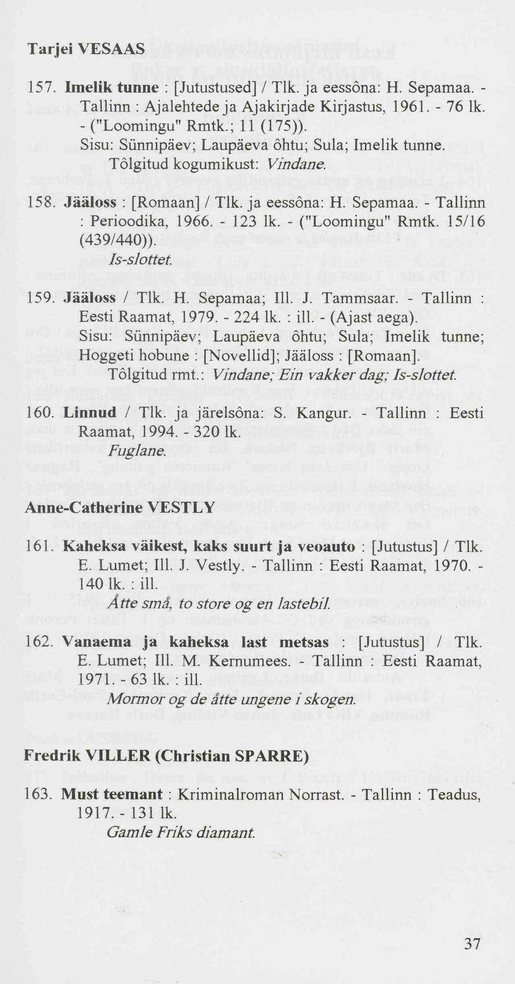 Tarjei VESAAS 157. Imelik tunne : [Jutustused] / Tlk. ja eessõna: H. Sepamaa. - Tallinn : Ajalehtede ja Ajakirjade Kirjastus, 1961. - 76 lk. - ("Loomingu" Rmtk.; 11 (175)).