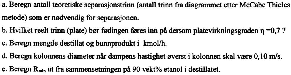 Man skal køre med et tilbakeløpsfrhld R = 2,5. Mlmassen til etanl g vann er henhldsvis 46 kg/krnl g 18 kg/krnl. Likevektsdata fr etanvvann er gitt i vedlegg 1 g 2.