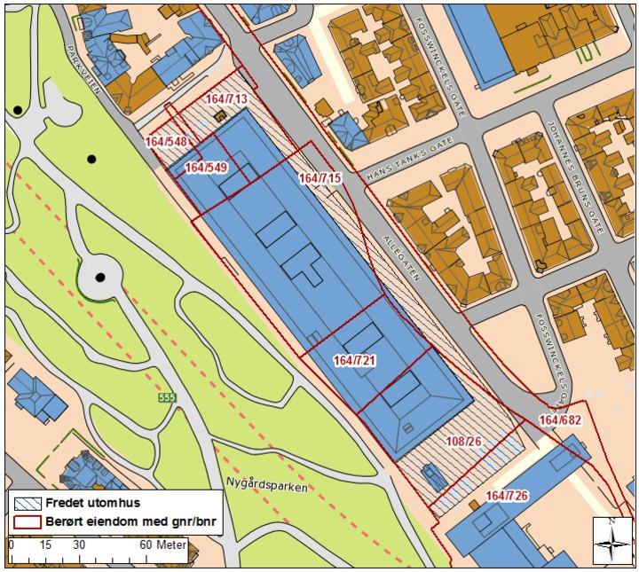 Side 5 UTOMHUS Bygningsnr: Gnr/bnr: 164/715 Oppført: Referanse i landsverneplanen: Bygning 9903528 Fredning utomhus Omfang: Fredningen omfatter utomhusanleggenes arealer, terreng, strukturer som