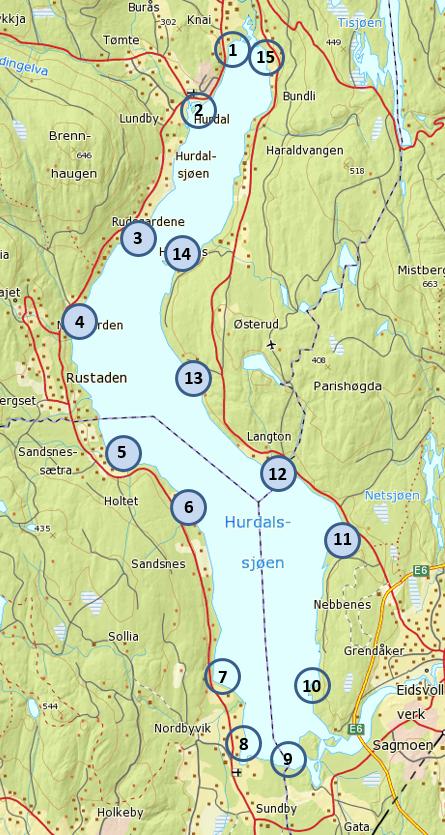 2.1.3 Undersøkte lokaliteter 2016 Vannvegetasjonen ble undersøkt på totalt 15 lokaliteter i Hurdalssjøen i 2016 (tabell 2 og figur 2).