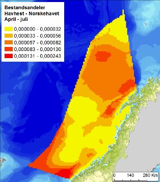 Figur E -6 Fordeling av gråmåke (Larus argentatus) i Norskehavet, i sommer (april-juli), høst (augustnovember) og vintersesongen (november-mars), basert på modellerte data (Seapop, 2013).