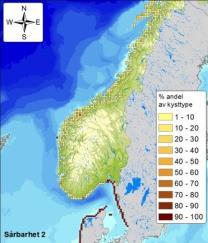 Figur E-43 Andel (%) av strandtype med sårbarhet 1, 2 eller 3 (3 indikerer høyest sårbarhet, og 1 indikerer lavest sårbarhet) per 10 10 km rute langs kysten av Norge.
