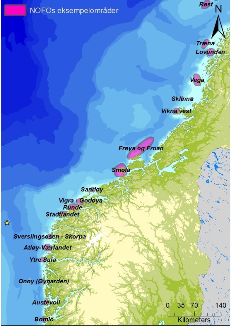 Figur 3-6 Lokasjon av eksempelområdene langs Norskekysten.