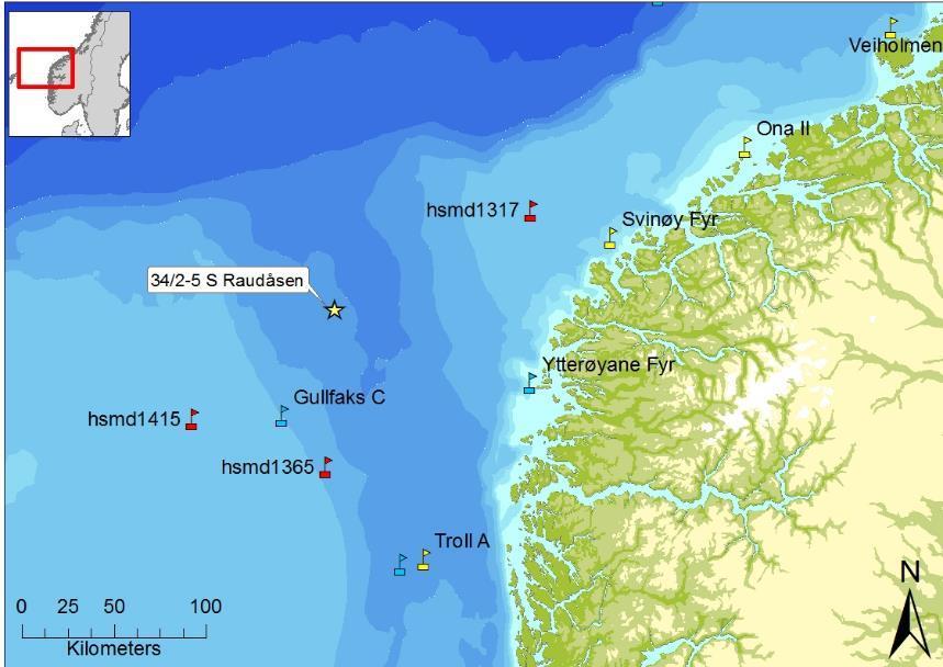 Figur 7-3 Oversikt over stasjoner for innsamling av data for vindstyrke og sjøtemperatur (Gullfaks C) og bølgehøyder (hsmd 1365). Lokasjon for letebrønn 34/2-5 S Raudåsen er vist.