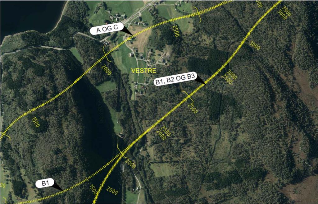 Ved ingeniørgeologisk kartlegging ble det funnet to markerte lineamenter som krysser tunneltraséene like etter påhugg på Vestre, se Figur 5. Dette er antatte svakhetssoner med ukjent beskaffenhet.