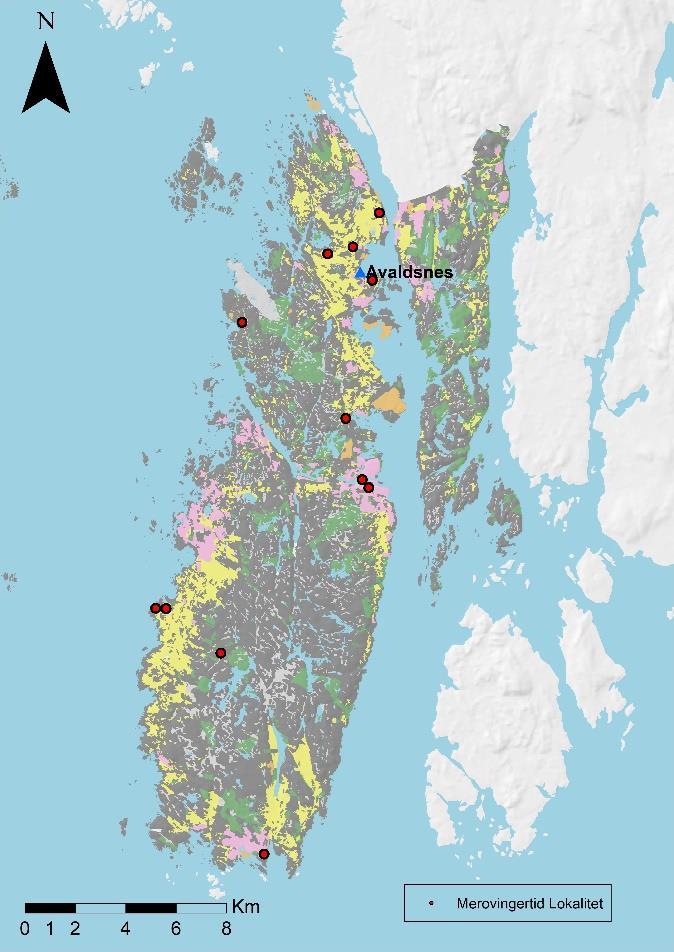Figur 15 Kartene over Karmøy med lokaliteter fra de to undersøkte periodene. Kartene har blitt presentert hver for seg tidligere i oppgaven. Venstre: Folkevandringstid.