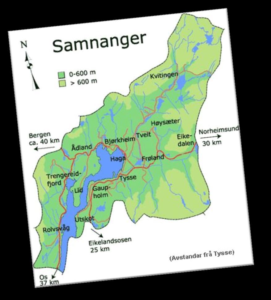 2 KOMMUNEN Samnanger kommune ligg i Hordaland fylke og hadde 2 394 innbyggjarar pr. 01.01.2011. Kommuneadministrasjonen held til på Tysse.