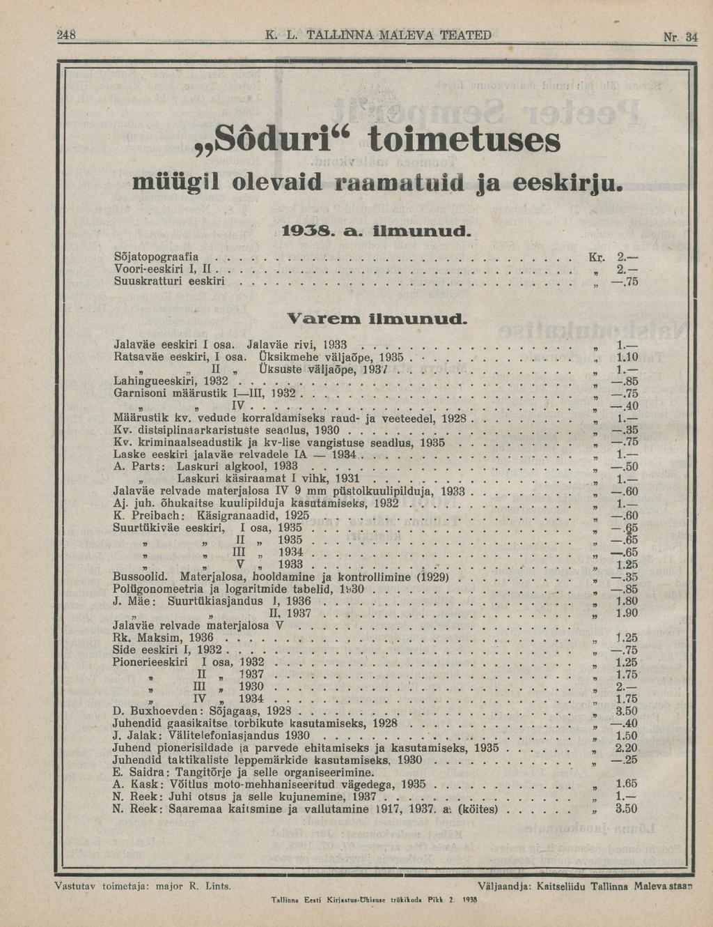 Sõduriu toimetuses müügil olevaid raamatuid ja eeskirju. 1938. a. ilmunud. Sõjatopograafia... Kr. 2. Voori-eeskiri I, II........ 2. Suuskratturi eeskiri....75 Varem Ilmunud. Jalaväe eeskiri I osa.