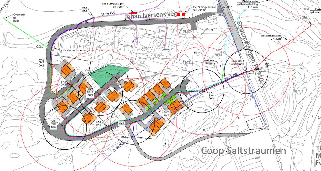 Dimensjon på slamavskiller og øvrige VA-ledninger fastsettes i detaljeringsfasen. Brannvann Nærmeste eks. brannkum er ca. 150 meter fra senterpunkt nytt felt.
