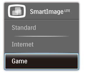 3. Bildeoptimering Du kan velge mellom tre ulike innstillinger: Standard, Internet (Internett) og Game (Spill). 3.2 SmartContrast Hva er det?