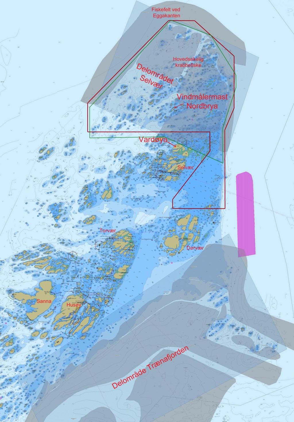 Figur 1, Delområdene Trænafjorden og Selvær er de blåskraverte områdene. Området markert med rød strek er det forhåndsmeldte området fra Nord-Norsk Vindkraft (overtatt av Nordnorsk Havkraft).