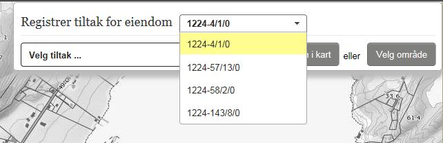 Når du velger en annen eiendom, flytter kartbildet seg til denne landbrukseiendommen automatisk. Hvis du ønsker å legge til andre eiendommer i søknaden, må du bruke knappen 2. Velg tiltak.