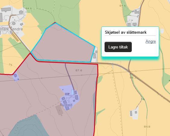 Når tiltaket er tegnet, enten med «Tegn i kart» eller «Velg område», kommer en boks for å