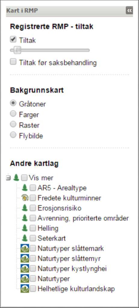 ULIKE KARTLAG Kartlagslista er litt gjemt siden det ikke er nødvendig å gjøre valg her for å tegne tiltak. Relevante kartlag blir skrudd på automatisk når du skal tegne inn et tiltak.