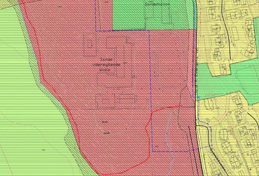 Figur 3: Utsnitt med kommuneplanens arealdel. Varslet planområde vist med blå, stiplet strek. Varslet planområde 1 berører ca. 22 daa LNF-område.