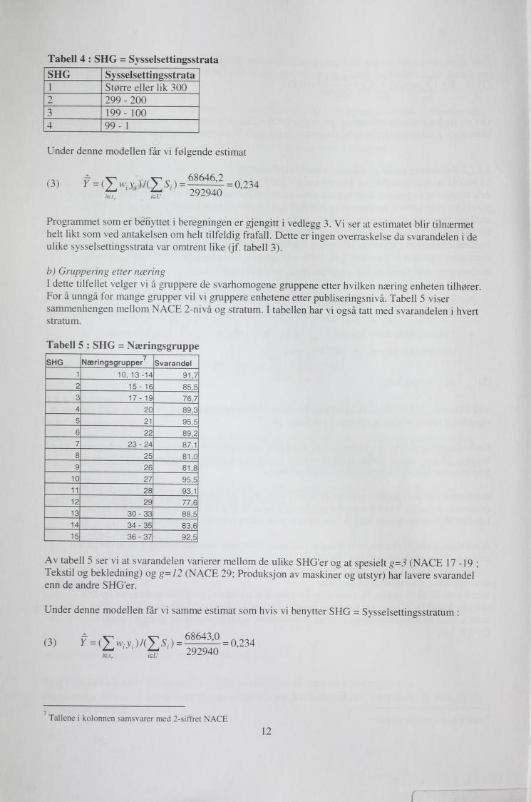 Tabell 4 : SHG = Sysselsettingsstrata Under denne modellen får vi følgende estimat ie.sr ieu LyL7W Programmet som er benyttet i beregningen er gjengitt i vedlegg 3.
