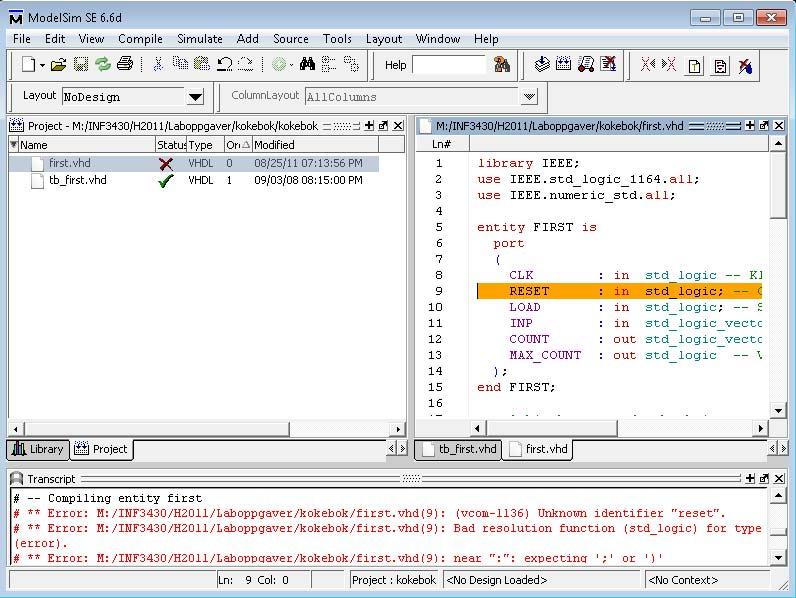 Sources/ Results Windows Figur 7. Error parser 2.6 Simulering Når kildefilene er kompilert er vi klare til å simulere.
