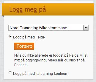 Velg «Nord-Trøndelag fylkeskommune» fra rullemeny og «Logg på med Feide». Trykk på knappen «Fortsett».