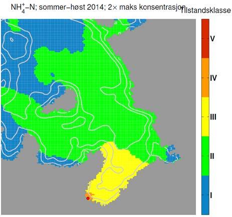 Tilstandsklassifiseringen er basert på den maksimale simulerte overflatekonsentrasjonen gjennom den gjeldende perioden i tillegg til en bakgrunnskonsentrasjon på 7 mg NH 4-N m -3 (venstre: