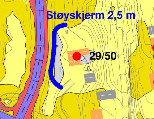 Lengde ca. 120 m. Total høyde 2 m rel FV258 og 1,5 m rel. fortau ved rundkjøring. 5.1.4 Skjerm for gnr/bnr 29/50 Mellom bussholdeplass/fortau og gnr/bnr 29/50 bygges 2,5 m høy støyskjerm mot bussholdeplass/fortau.