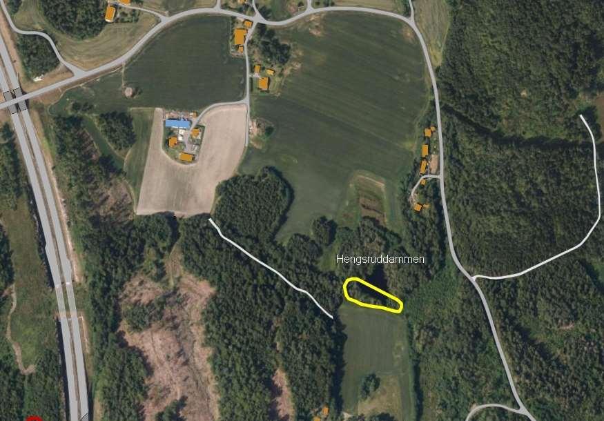 Figur 4: Flyfoto over undersøkelsesområdet Hengsrudvannet (gul) nord for Lillerød på grensen mellom Re og Horten kommuner.