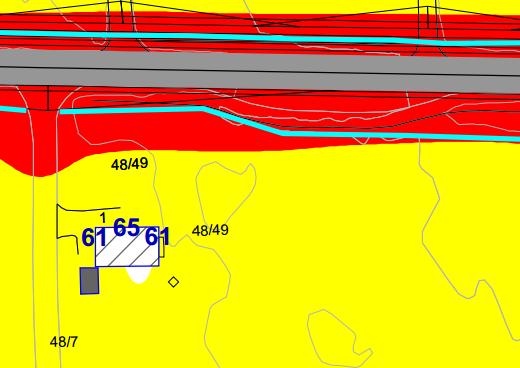 Det har vært vurdert en 128 m lang skjerm med høyde 2,5 m langs veg. Situasjon 3 68,2 68,4 Situasjon 3, skjermet 64,6 67,1 FIGUR 82 Oversikt av skjermet situasjon, fasadenivåer (L den).