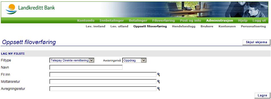 5.2.3 Hvordan opprette nytt filoppsett i fire trinn 1) Klikk på knappen Nytt filoppsett under Administrasjon => Oppsett filoverføring: 3) Fyll inn informasjon i feltene som fremkommer for de ulike
