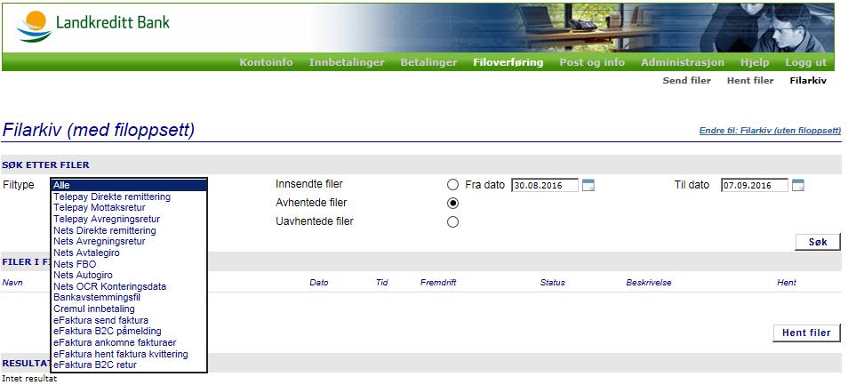 8.3 Filarkiv Funksjonen benyttes til å finne igjen filer som på et tidligere tidspunkt har blitt hentet fra eller sendt til Nettbank Bedrift.