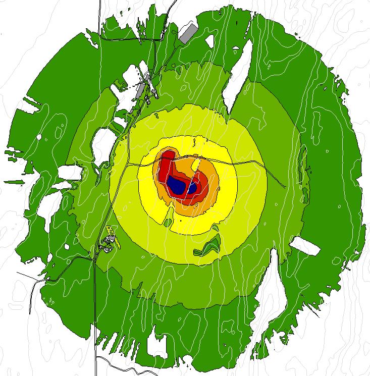 Beregningene viser en tilnærmet sirkulær utbredelsform med nedre konturlinje for støysone L den = 55 db ved avstand ca 200 m fra borerigg og med støysone L den = 40