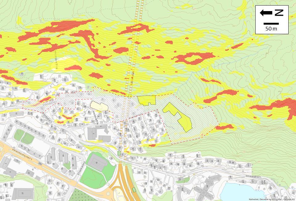 Topografi Skråningen øst og sør for området som skal reguleres er relativt jevn, men med enkelte bergskrenter som stikker opp i de høyereliggende områdene.