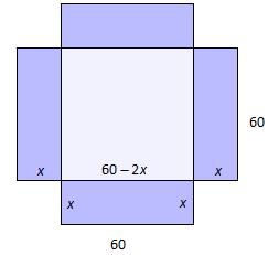 Oppgave 5 Du skal lage en eske av en papp-plate med sidekant 60 cm ved å skjære bort et kvadrat i hvert hjørne og deretter brette opp de fargede sideflatene i figuren.