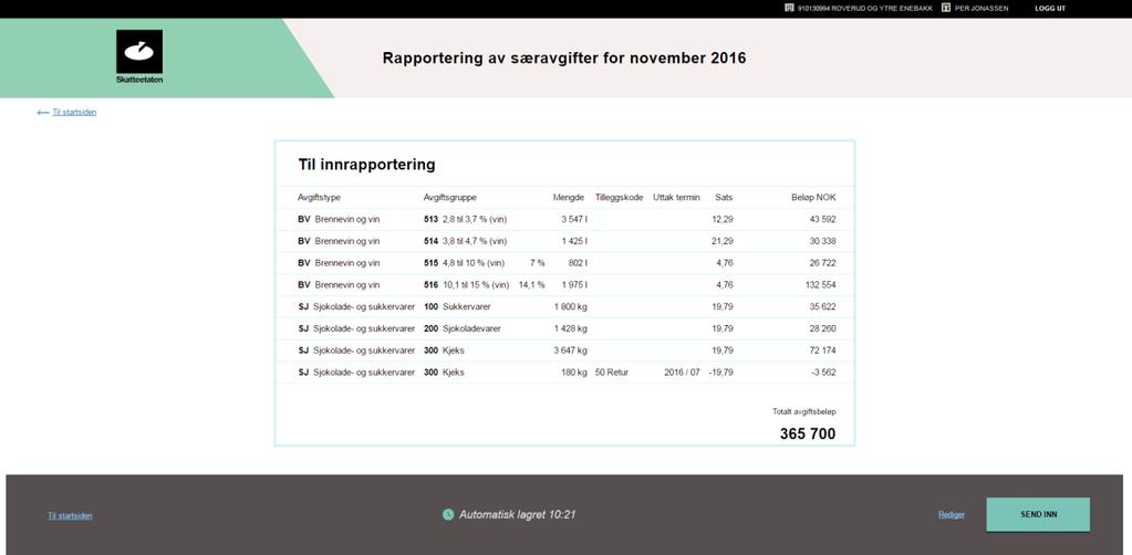 4.2.3 Send inn Når du er ferdig med å fylle ut meldingen og ønsker å sende inn, klikker du på knappen "Send inn" Hvis meldingen inneholder feil