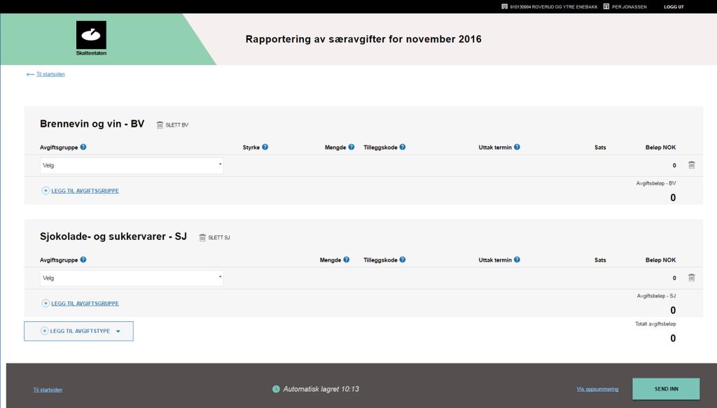 4.2 Manuell utfylling av meldingen 4.2.1 Registrere melding Når du kommer inn i registreringsskjermbildet for perioden, starter du å fylle ut en avgiftsgruppe.