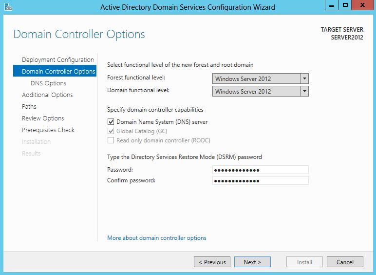 Bruk Windows Server 2012 R2 som Forest functional level og Domain Functional Level) Velg Domain Name System (DNS) Server. Du får en ferdig konfigurert DNS-tjener.