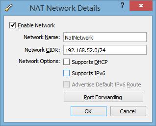 4. Fjern haken foran Supports DHCP i vinduet NAT Network Details, og lukk vinduene. 5. Start klientmaskinen og logg inn med brukeren admin.