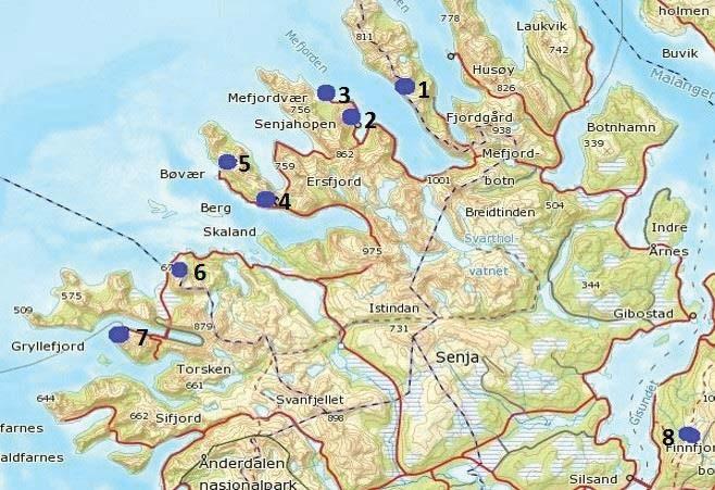 Figur 3.1 Tabell 3.2 Kart og oversikt over turstiene på Senja. Forklaring av figur 3.