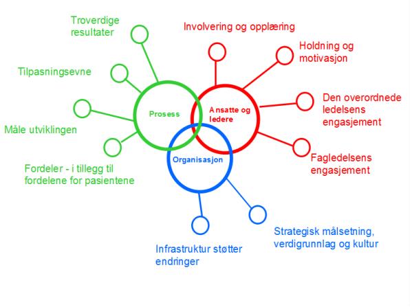 Figur 1: Modell for vedvarende forbedring illustrerer kompleksiteten i forbedringsarbeid og hvilke faktorer som må ivaretas.