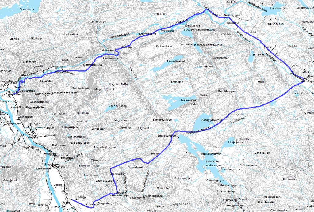 5.2 Åsegg Steinseterveien Mølnstranda (2) Lengde 15 km Høydeforskjell 250 meter Ønsker å anlegge en skutertrase fra Åsegg innover Botnaveien før løypa tar bratt av oppover fra Botnan og holder høyden