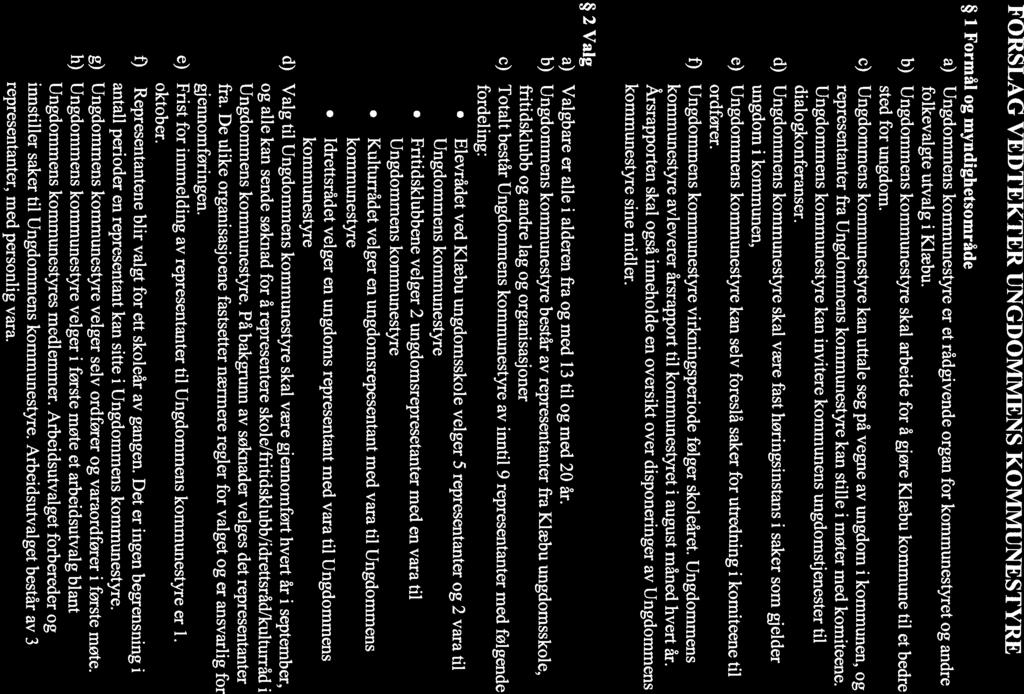FORSLAG VEDTEKTER UNGDOMMENS KOMMUNESTYRE i Formål og myndighetsområde a) Ungdommens kommunestyre er et rådgivende organ for kommunestyret og andre folkevalgte utvalg i Klæbu.