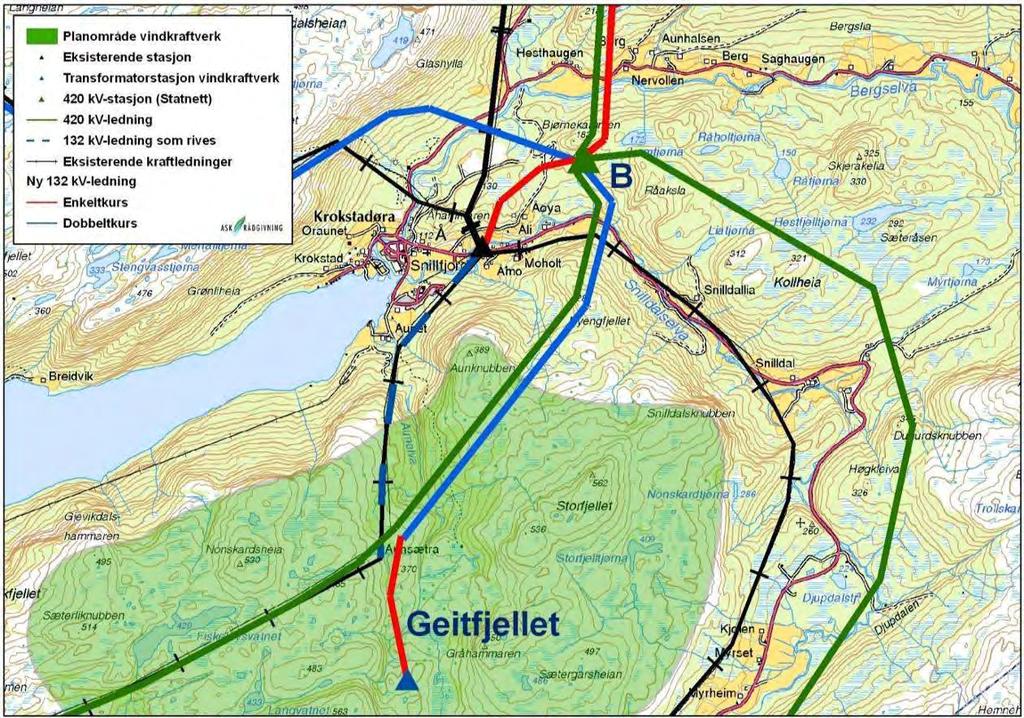 Figur 24. Geitfjellet Snillfjord B For sentralnettsalternativ A (se kart Figur 25) vil ledningen bli ca.
