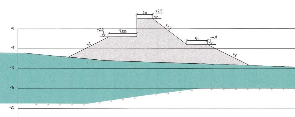 Fig. 1: Tverrsnitt av ein molo. Grunneigar ønskjer å utvide vognoppstillingsplassar med ca. 10 plassar.