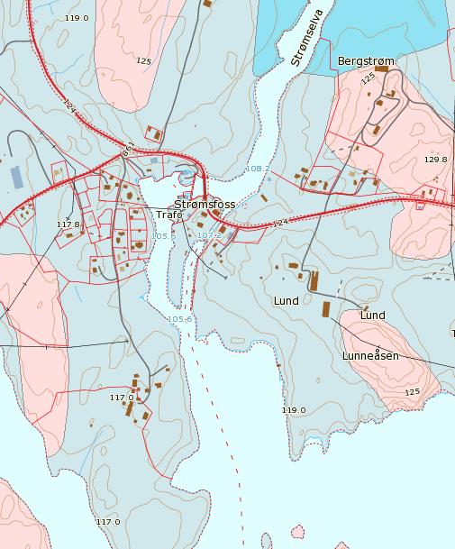 5.12 Geologi På NGUs kart over løsmassegeologi er Strømsfoss vist med tynn marin avsetning (lyseblått).