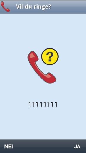 Vinduet Vil du ringe vises, man bekrefter at man vil ringe ved å trykke på JA. 2.3.4 Opptatt Hvis telefonnummeret man ringer til er opptatt, vises en Android-melding. 2.3.5 Telefonen deaktivert Hvis man forsøker å ringe når telefonfunksjonen er deaktivert vises vinduet til høyre.