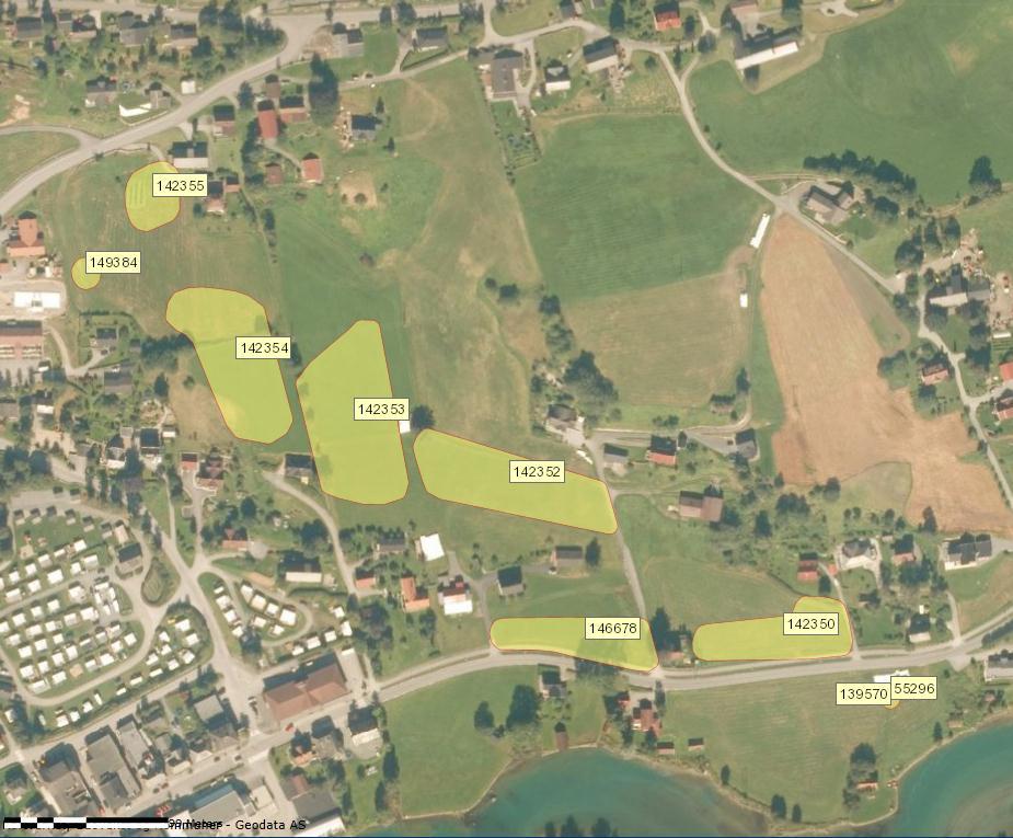 Fig. 1 Lokalitetenes kartplassering (www.gislink.no). Fig.2. Flyfoto over området og de registrerte lokalitetene (www.askeladden.no). 2.