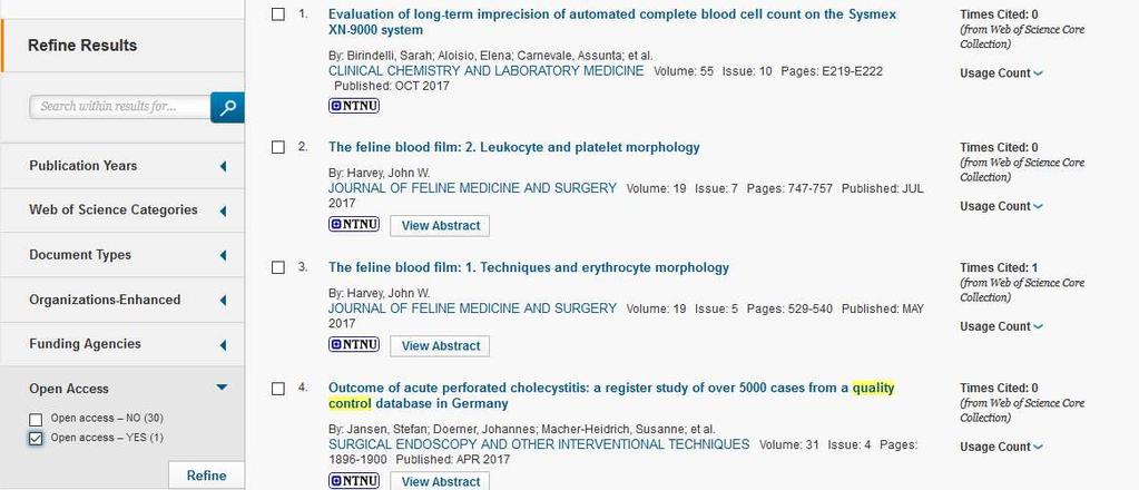 Finne aktuelle OA-titler i Web of Science Velg