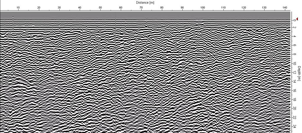 13 Radarprofil P3: 0-140m Sand/grus, skrålag Radarprofil P4: 240-380m Sand/grus, skrålag Figur 14.