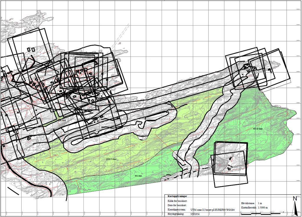 Temakart bebyggelse og tekniske inngrep. Kartet viser buffer rundt veier og bygg med 100 meter. Buffer rundt stolper og tursti og dyrket mark er 50 meter.