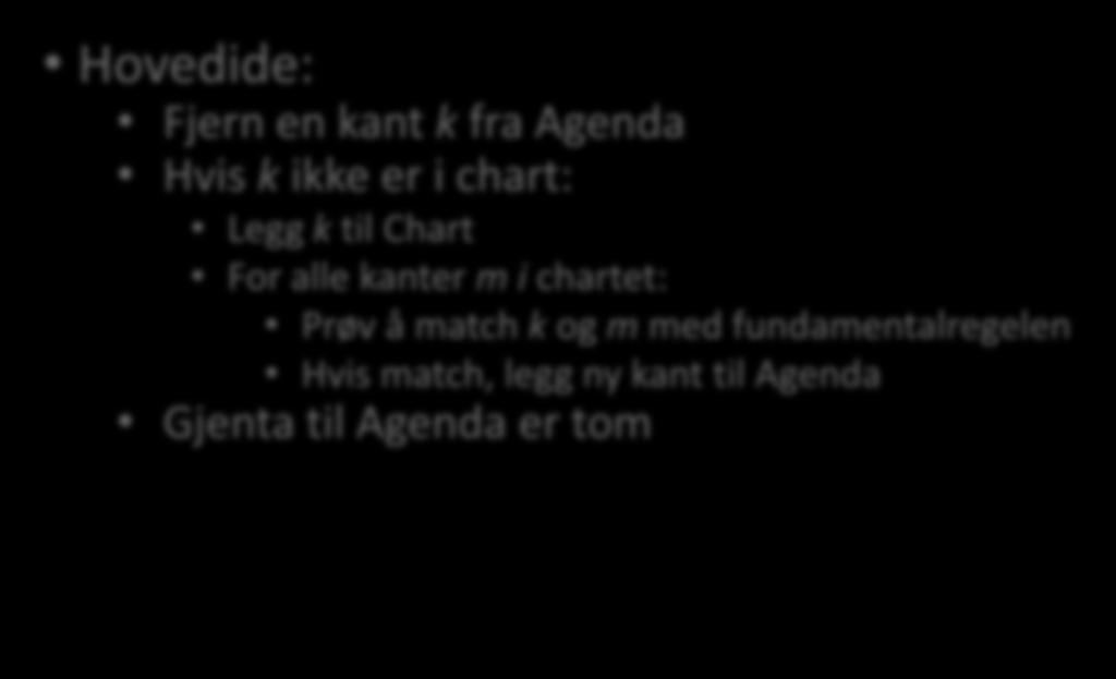 Chart-parsing Agenda Chart Hovedide: Fjern en kant k fra Agenda Hvis k ikke er i chart: Legg k til Chart For alle kanter m i